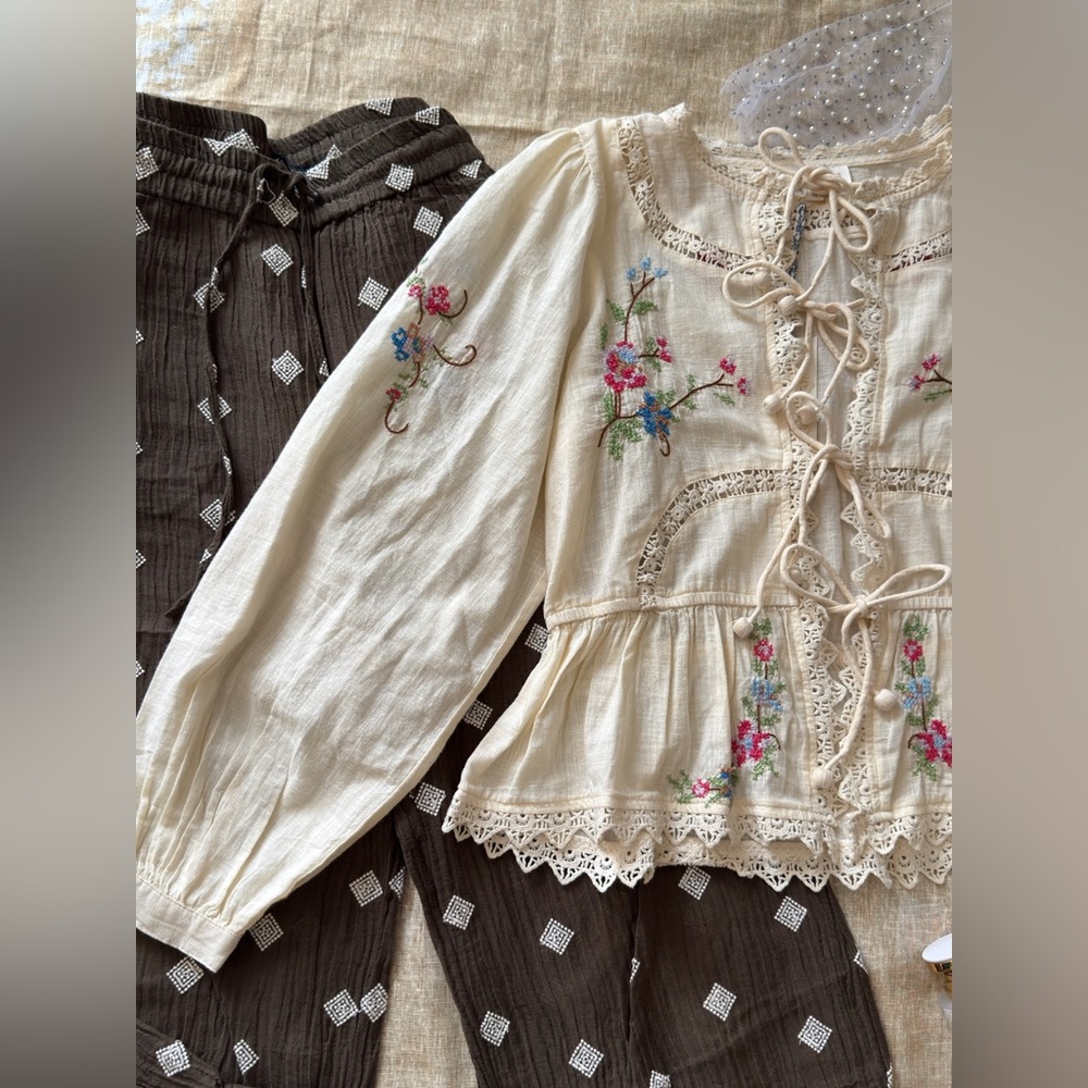 Ivory Nude Embroidered Peasant Blouse with Lace Ties - Picture 7 of 12
